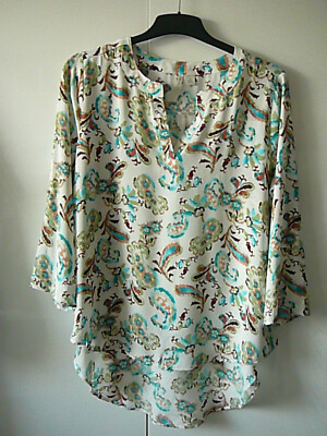 5 Cato Bluse T-Shirt Tunika Gr L weiß türkis-grün-braunes Blütenmuster allover