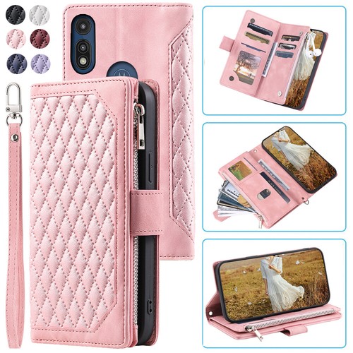 Rhombic Leather Wallet Case Zipper Flip Card Case For Motorola Moto E (2020) - Photo 4 sur 44
