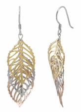 Sterling Silver Classics 18K Gold Tri-Tone Leaf Drop Dangle Swing Earrings - New