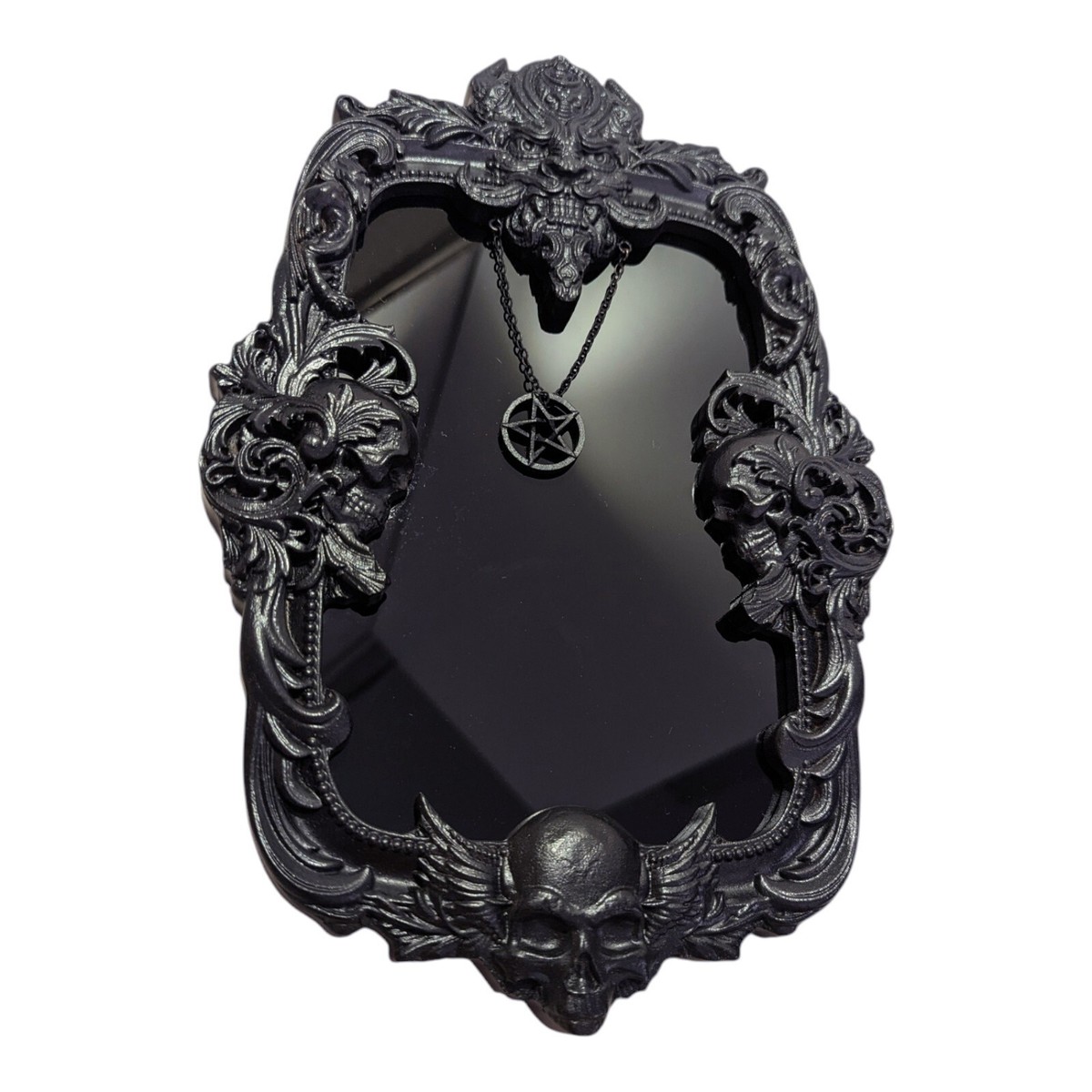 Gothic Black Mirror – Obsidian Style Scrying Mirror with Pentacle
