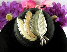 Vintage PIN TRI COLORED Enamel LEAVES BROOCH Silvertone Cream Tan Brown Leaf 3"