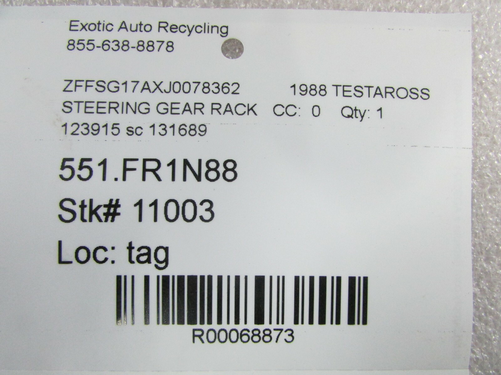 Ferrari Testarossa, Steering Gear Rack, Used, P/N 123915  