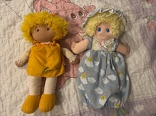 RARE 1980s Eden Toys VTG Plush Doll Yellow Yarn Hair 12  LOT OF 2  Love Me  Doll