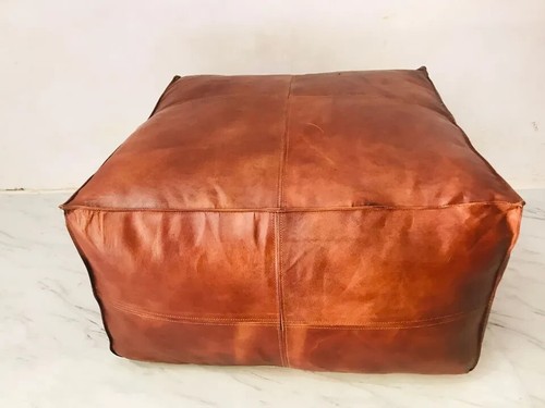 18X18 Boho Large Square Coffee Table Pouf in Distressed Brown Leather - Picture 5 of 7