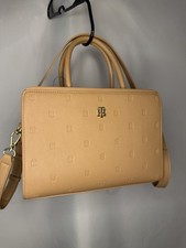Tommy Hilfiger Beige Monogram Satchel Crossbody Handbag Gold Hardware