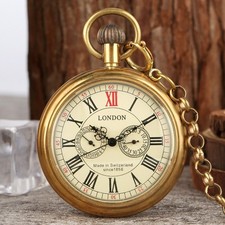 Mens Vintage Mechanical Pocket Watch with Chain Brass Open Face Fob Watches Gift