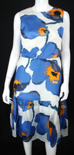 CAROLINA HERRERA White & Blue Floral Silk Organza Fluted Hem Dress 12