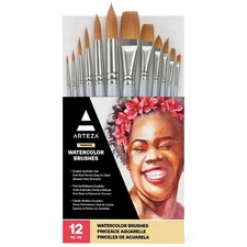 ARTEZA Watercolor Brush Set of 12, Synthetic Hair, Round & Flat Kitchen