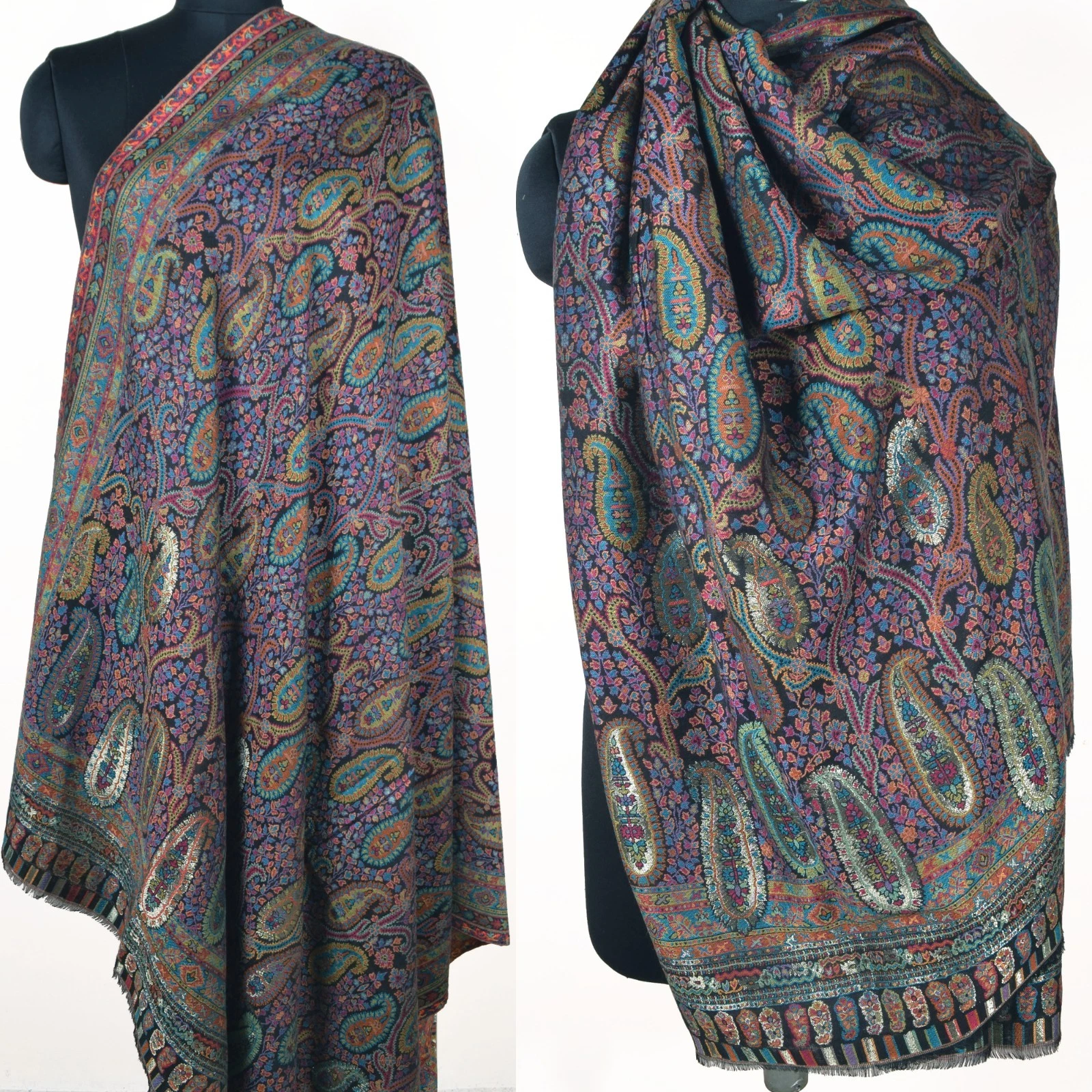 Large Black Handmade Kani Shawl. Silk Blend Pashmina Paisley Wrap. Zari work