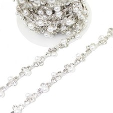 2 Yards Beaded Rhinestone Ribbon Chain Faux Pearl Trimming DIY Edge 1cm Width