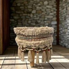 Handwoven Round Pouf Stool Ottoman | Bohemian Seat | Wood Legs | Tassels Decor