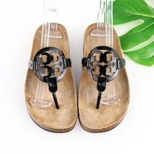 Tory Burch Womens Miller Cloud Sandals Size 7 M Black Patent Thong Cork Shoes