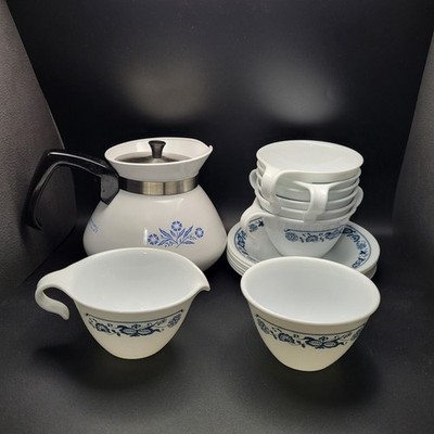 CorningWare Corelle Old Town Blue 6 Cups Saucers Kettle Pot 1 Each Creamer Sugar
