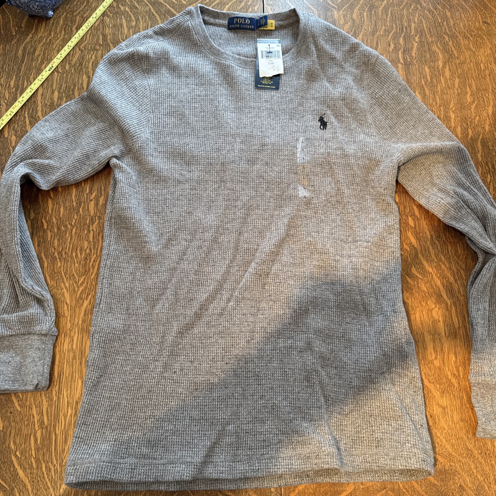 Polo Ralph Lauren Mens Thermal Shirt Large Slim Fit Gray Long Sleeve Waffle Knit