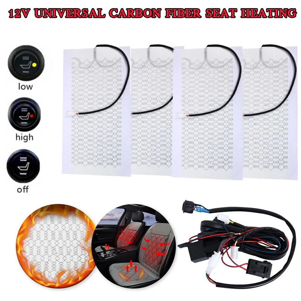 Universal 12V Car Carbon Fiber Heated Seat Heater Kit Cushion Round Switch ! - Image 3 of 4