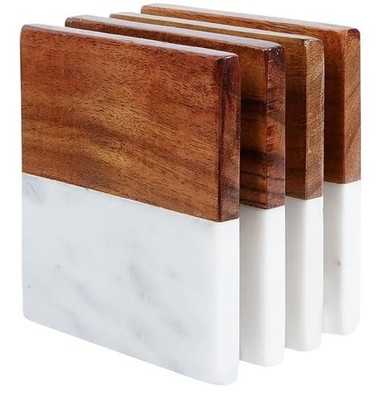 Marmor Untersetzer für Getränke Set - Quadratisch 1/2 Holz & 1/2 Marmor Getränk Untersetzer 4 Stück