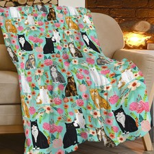 Cat Blanket Gifts for Girls Women Cute Cats Flowers Flannel Fleece Throw Blan...