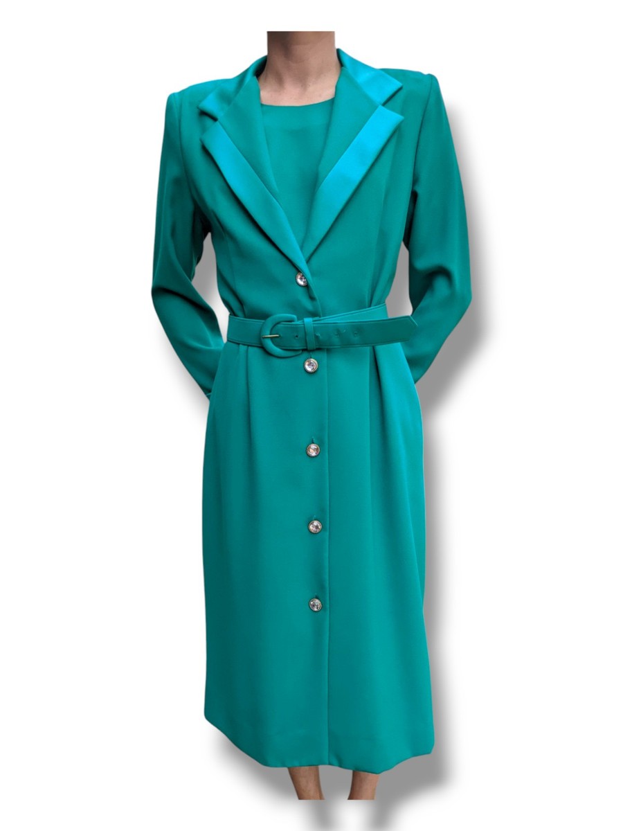 emerald green coat dress Vtg Henri Lee 80's Emrald Rhinestone Buttons Front Belted ✨Sz M Winter coat Colour:BLACK AND WHITE GREEN-DRESS American Princess | Dresses Notch Collar