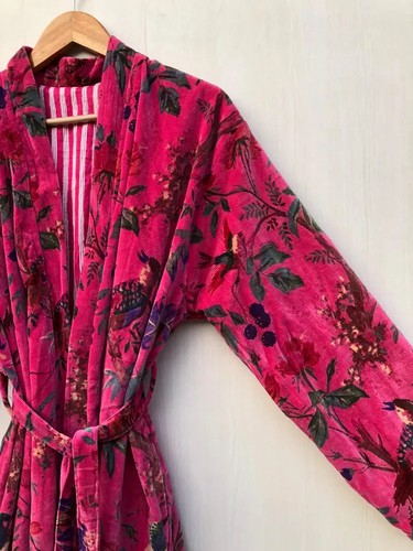 OFMD Luxus Samt Jacke Mantel Kimono Rosa Farbe Vogelmuster Kimono Longjacke - Bild 2 von 8
