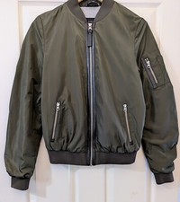 Mackage For Aritzia - Cara, Satin Bomber Jacket Olive Green Leather Trim Size 6