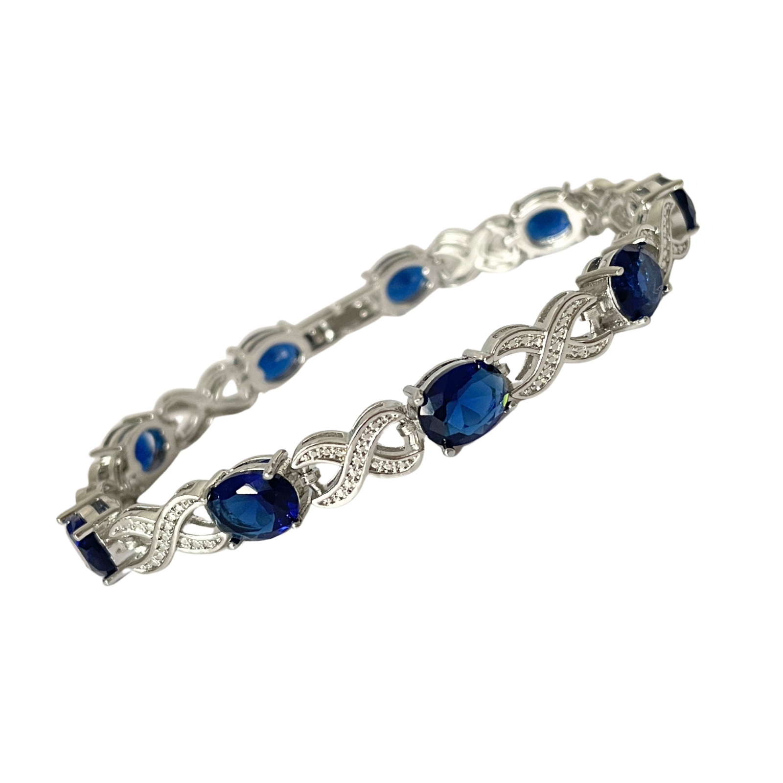 White gold finish blue sapphire and created diamond bracelet love and kisses