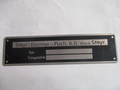 Typenschild Steyer Puch LKW Oldtimer 380 480 580 Schild id-plate S37