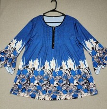UNBRANDED Woman's XXL Blue Floral 3/4 Length Bell Sleeve Stretch Tunic