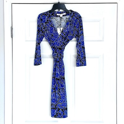 NWT DVF New Julian Wrap Dress Silk Cotton Blue Print 3/4 sleeve Size  Floral