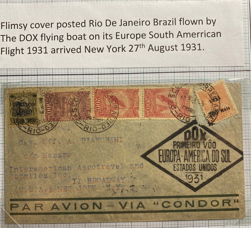 1931 Rio De Janeiro Brazil DOX First Flight Airmail Cover to Broadway NY USA