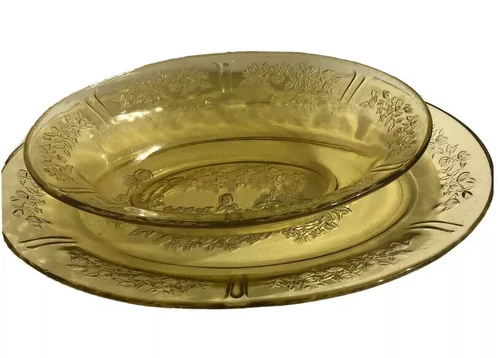 Vintage 1930s Yellow Depression Oval Bowl & Platter Sharon Federal Glass Amber