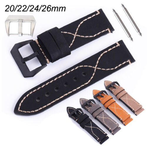 Stylish Stitched Watch Band 26 22mm 24 20mm Genuine Leather Wristband Strap Belt - Picture 1 of 19