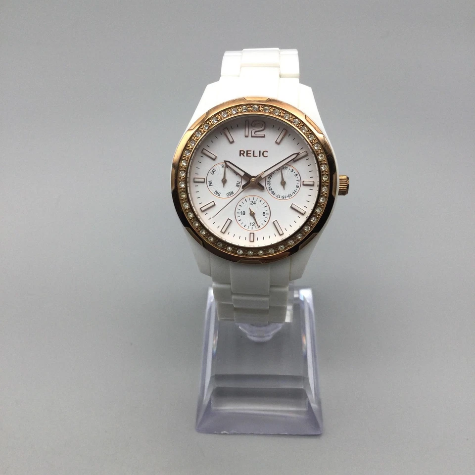 Reloj Mujer Reliquia 28mm Tono Oro Rosa Cristales Día Fecha ZR15526 Batería Nueva 7" Foto 2 de 4