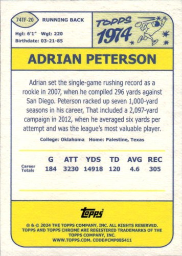 2024 Topps Chrome Adrian Peterson #74TF-20 1974 Topps Football Minnesota 4S - Bild 2 von 2