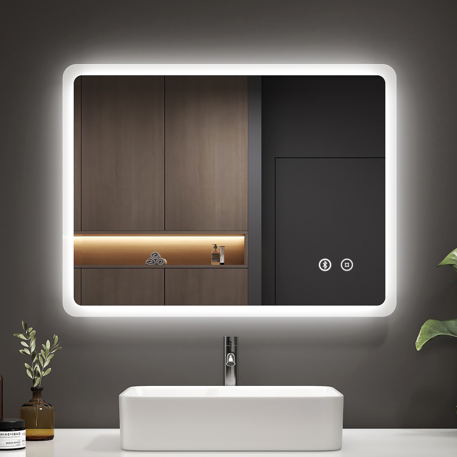 EMKE Oblong LED Bathroom Mirror With Bluetooth Shaver Socket Demister 600x450mm