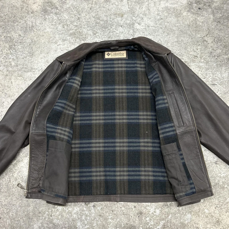 Columbia Leather Jacket Mens Large Brown Zip Front Plaid Wool Blend Lining YKK - Image 4 of 4