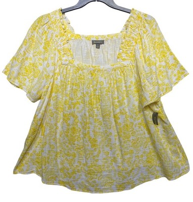 Style & Co Womens Plus Size 3X Paisley White Yellow Floral Print Gauze Cotton Bl