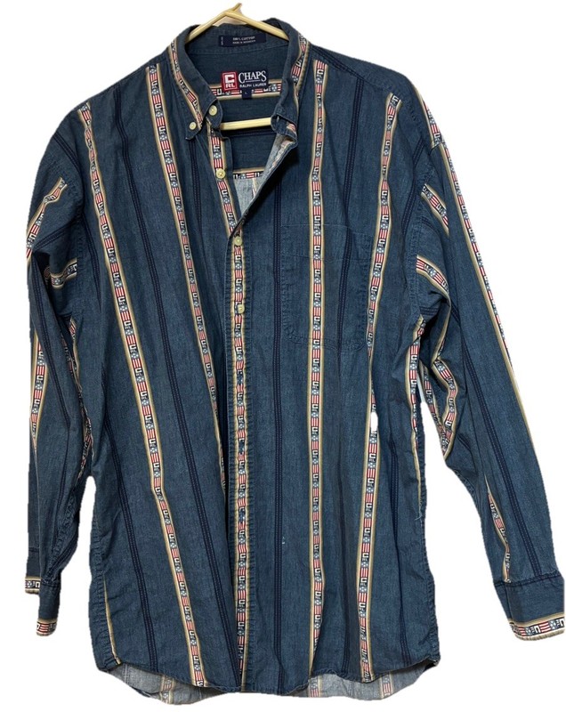 CHAPS Ralph Lauren Shirt L 100% Cotton Flag Stripe CRL Logo Vintage USA