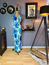 VTG 90's Monsoon Blue & Green Water Colour Rose Bias Cut Dress UK8/10 (US 6)