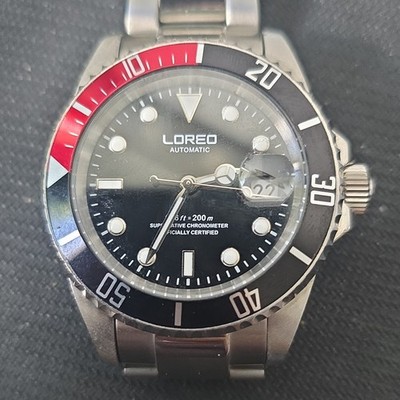 LOREO Automatic Diver Date 40mm Black Dial Red/Black Bezel SS Bracelet 200m