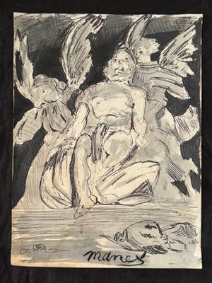 EDOUARD MANET drawing and painting on old paper signed stamped vintage