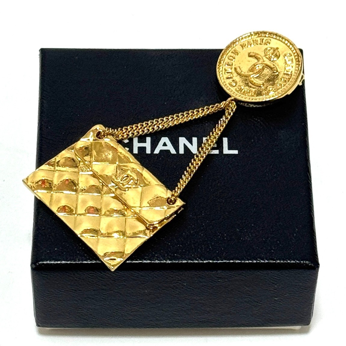 CHANEL Brooch CC Logo COCO Mark Coin Matelassé Bag Gold Authentic Japan