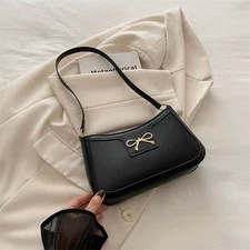 Women Pure Black PU Leather Zip Bow Hobo Bag Crescent Bag Underarm Shoulder Bag