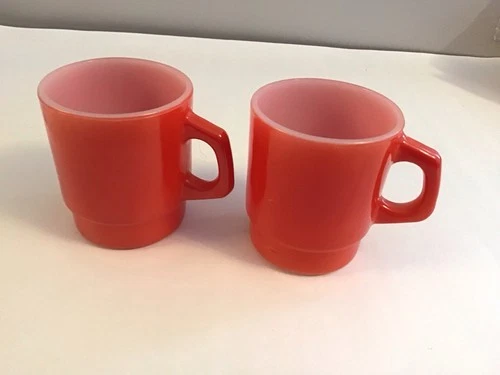 2 Fire King Anchor Hocking Red Milk Glass Coffee Cup Mugs Vintage