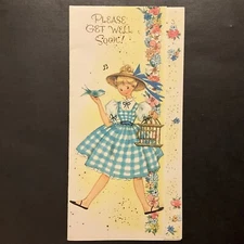 Vtg Greeting Card Get Well Soon Cute Girl Gingham Dress Blue Bird Gold Cage NOS