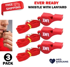 Ever Ready First Aid Lifeguard Coach Sports Whistle with Lanyard Red - 3 Pack