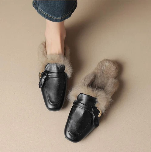 Women's Leather Rabbit Fur Lined Backless Loafers Mules Closed Shoes Slip On - Picture 1 of 14