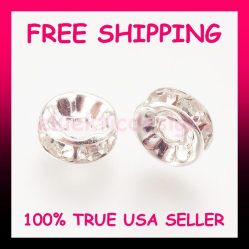 8mm 10pc Silver Plated BRASS Grade A Rhinestone Donut Disc Spacer Beads FREESHIP