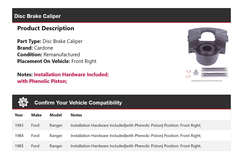 Суппорт переднего правого дискового тормоза Cardone 1984 для 1983-1985 Ford Ranger - Изображение 2 из 4