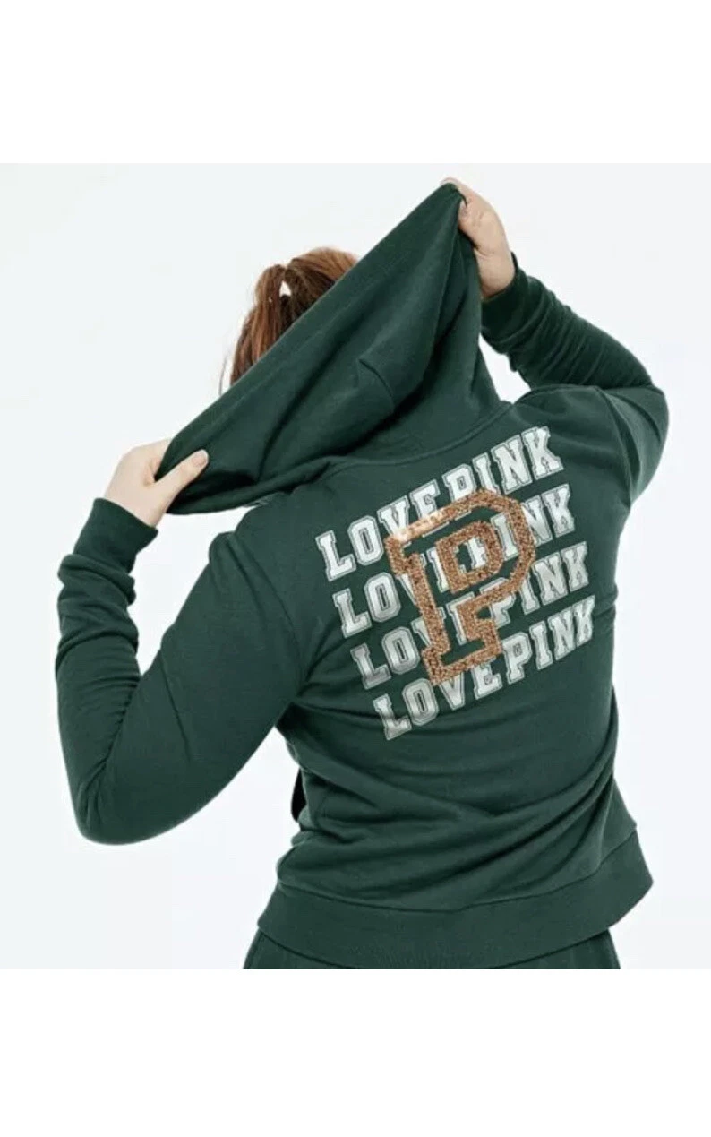 UNDERCOVER Felpa con cappuccio Victoria's Secret ROSA piccola felpa verde logo paillettes oro S❤️