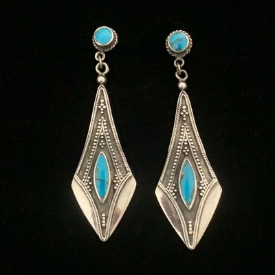 Vintage Bali Style Sterling Silver Turquoise Dangle Earrings Boho Southwestern